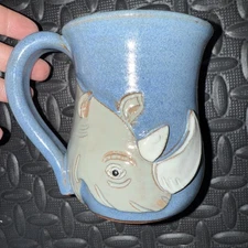 Mudworks USA Pottery Handmade Mug  Blue Rhino Signed Coffee Tea Save The Animals