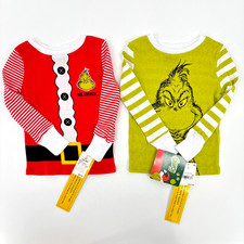 2X The Grinch Dr. Seuss 2T Pajama Tops 100 Cotton Green/Santa Red Stripe LS NWT