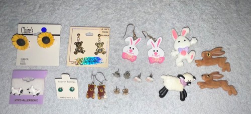 9 Prs Child Teen Pierced Earrings & 4 Animal Pins Lot of 13 Rabbit Sheep Bear