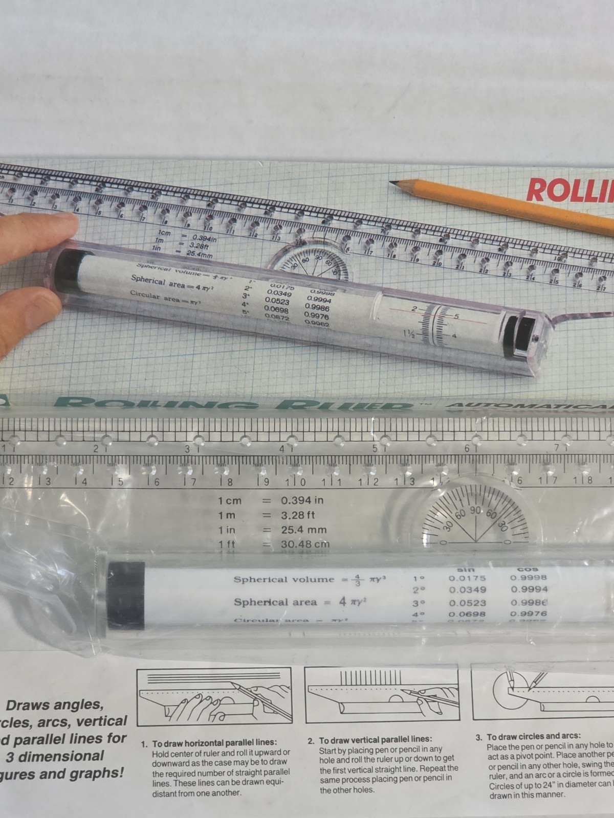NEW Rolling Ruler 12" Compass Protractor T-Square For Angles Arcs Circles Lines