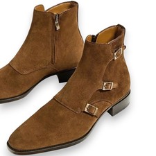 Handmade Brown Side Zipper Suede Leather Ankle Buckle Dress Office Boots For Men
