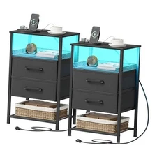 Nightstand Set of 2 with Charging Station, Night Stands with Black LED & Power
