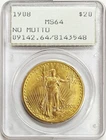 1908 NO MOTTO GOLD US $20 DOLLAR SAINT GAUDENS COIN PCGS MINT STATE 64 GEN 1