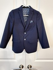 Boys Navy Check Dress Blazer Jacket with Pocket Square Size 10 Excellent Con