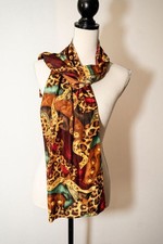 Vintage Animal print gold abstract rectangle scarf Silk 10" x 60" Korea