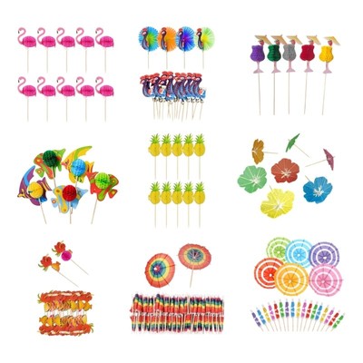 Hawaiian Themed Paper Straws Fruit Umbrellas Toppers For Summer Parties