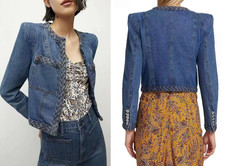 Women Veronica Beard Round Neck Embellished Denim Slim Jacket Top