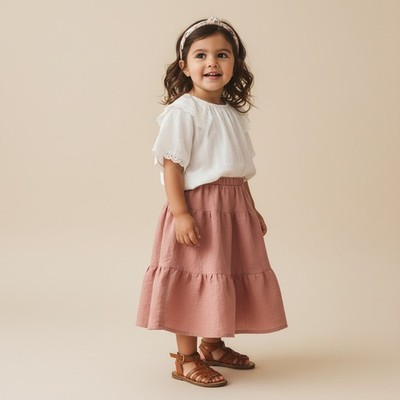 Skirt Girl 2T 100% Linen Midi Pink Ruffle Tiered Pull On Boho Mom and Pop s Kids
