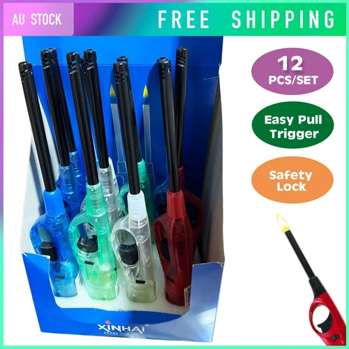 12PCS 28cm Handy Gas Adjust Butane Lighter Kitchen BBQ Fire Camp Safety Lock