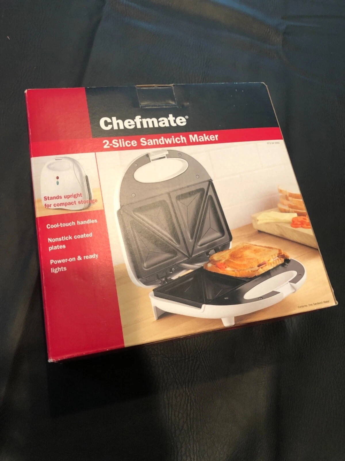 NEW Chefmate 2 Slice Sandwich Maker NIB - Stands Upright for Compact Storage
