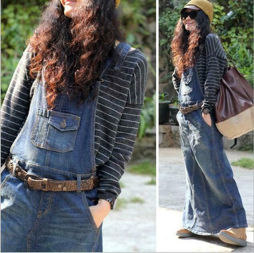 Womens Maix Suspender Jeans Overall Long Skirt Denim Full Length Dresses Loose - Picture 7 of 17
