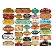 Old West Frontier Town Signs, 68 Multi-Scale Railroad Signs, 2 STICKER SHEETS