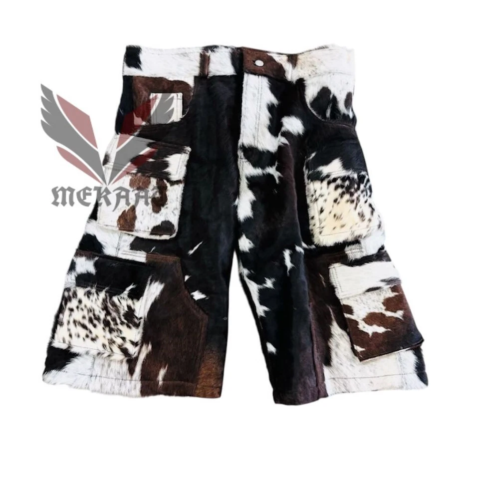 Auténticos pantalones cortos de carga de cuero con pelo de vaca estilo occidental Foto 2 de 3