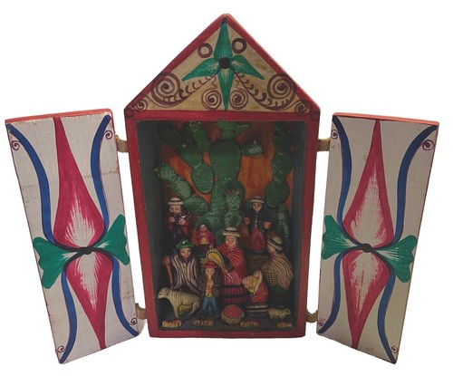 Peruvian Retablo Featuring Cactus, Musician, Animals