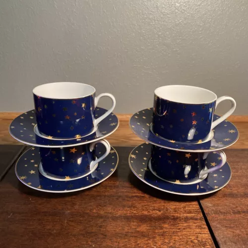 Vtg Galaxy Sakura Coffee Cup Mug Tea  14K Gold Stars On Blue w Saucer  Set Of 4