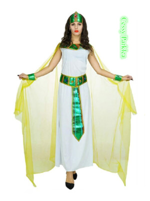 W-N2-2 Ladies White Emerald Cleopatra Toga Egyptian Greek Goddess Roman Costume