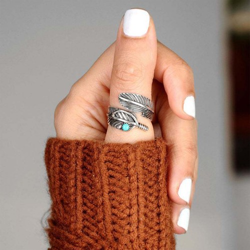 Feather Turquoise Ring Sterling Silver Thumb Boho Bohemian Adjustable Size Gifts - Picture 10 of 12