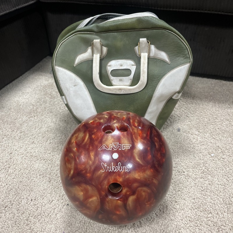 Vintage AMF Strikeline Bowling Ball & Retro Green/White Vinyl Bag Set 1960s 70s