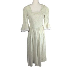 Vintage Green Floral Basque Waist Maxi Prairie Cottage Core Dress Ruffle Sleeves