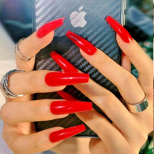 24pc Glossy Bright Red Long Coffin Press On Nails Full Cover Fake Nails