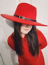 Women s Red Felt Wide Brim Fedora Hat, Black Band Buckle, One Size