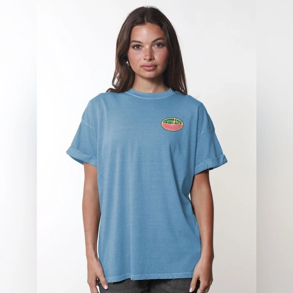 Girl Dangerous Sweet Life Boyfriend Tee | Denim Blue Oversized Fit | Size Small - Image 2 of 4