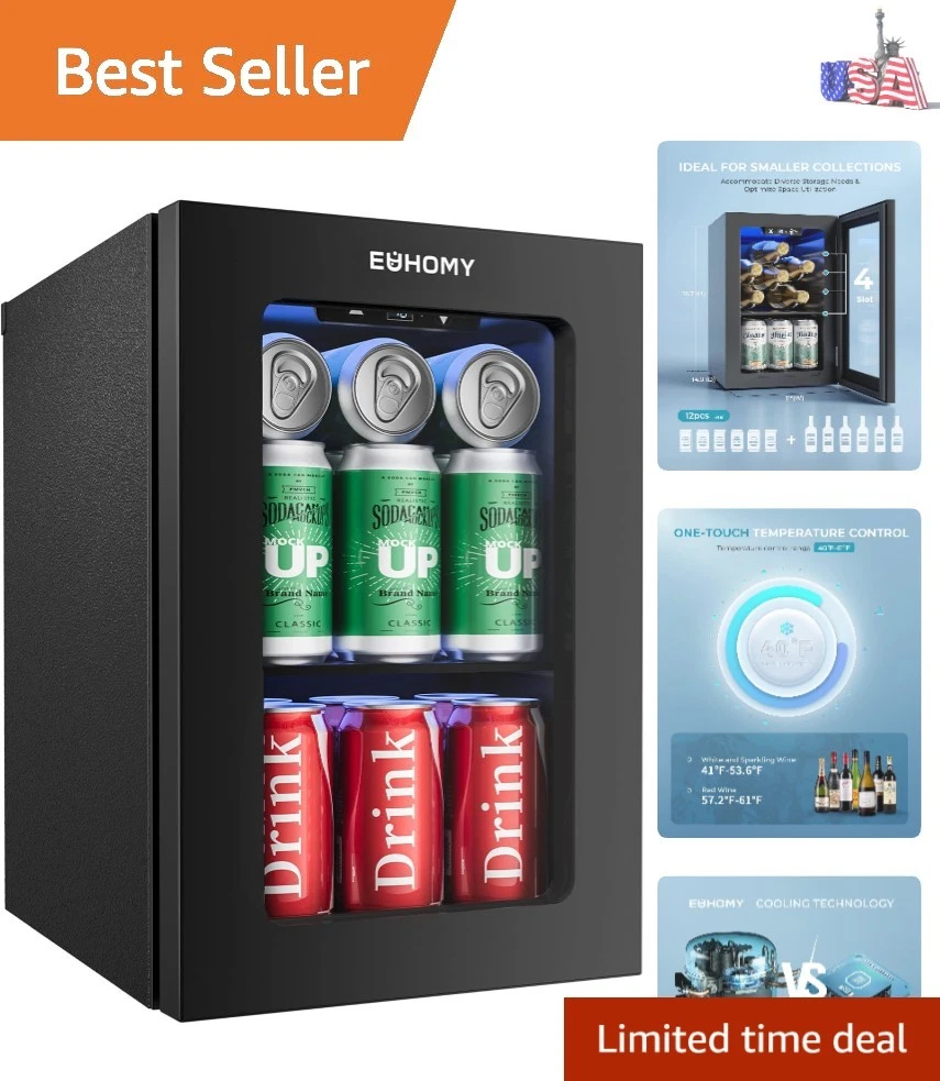 18L Beverage Refrigerator Cooler, 24 Cans Mini Fridge with Quiet Compressor, ...