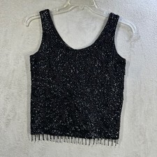 Vintage Black Sequin Beaded Wool Tank Top Scalloped Fringe Size 36 Hong Kong