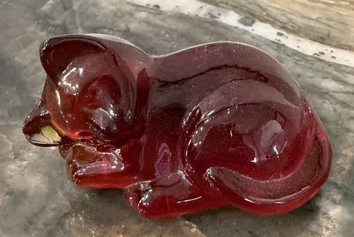 Fenton Cat Figurine Ruby Red Glass Sleeping Dreamer Unpainted EUC