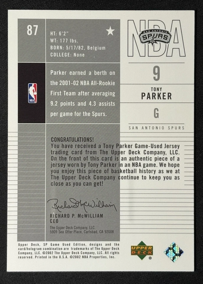 2002-03 SP Game Used Edition Authentic Fabrics Patch Tony Parker #87 Spurs HOF - Image 2 of 2