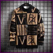Men Knitted Sweater Stripe Pullovers Printing Round Neck Sweater