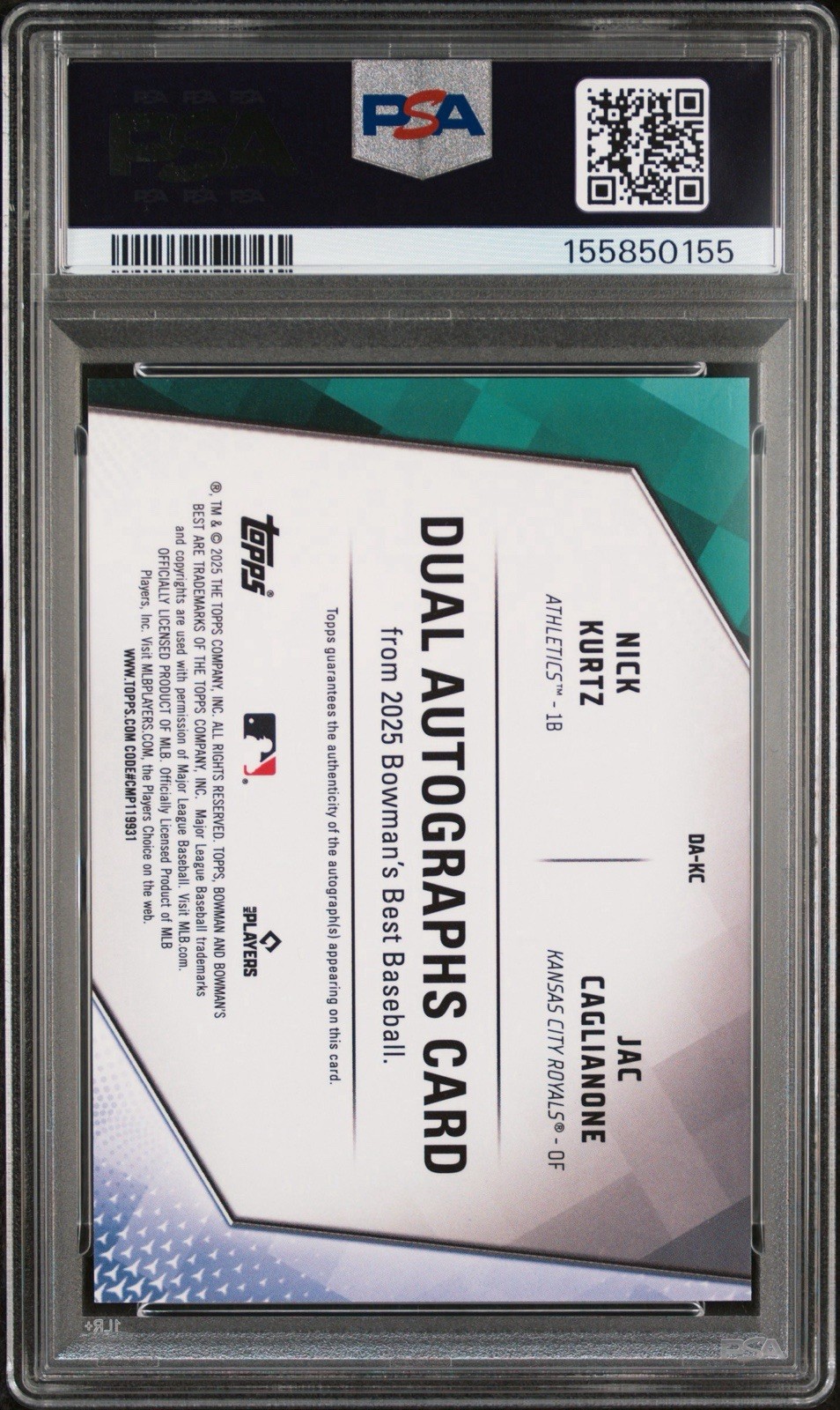 2025 Bowman's Best Nick Kurtz Jac Caglianone Auto Orange Refractor /25 PSA 9 view 2