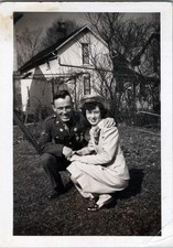 WW2 Photo of Decorated Soldier And Woman Kneeling In Yard By House
