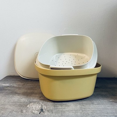 Vintage Tupperware Square Microwave Steamer Harvest Gold 888-12  With Colander