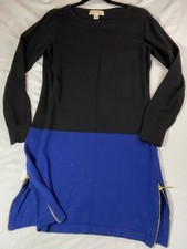 Michael Kors Womens Black & Blue Long Sleeve Sweater Dress With Gold Zipper Acce
