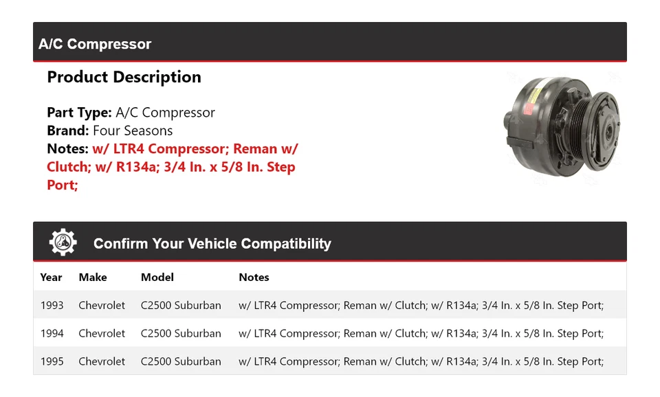 Compresor de aire acondicionado para Chevrolet C2500 Suburban 1993-1995 4 estaciones 1994 Foto 2 de 4