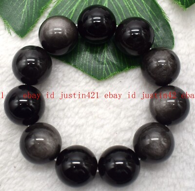 Huge 18mm Silver Eye Obsidian Round Gemstone Beads Elastic Bracelet 7.5'' AAA+