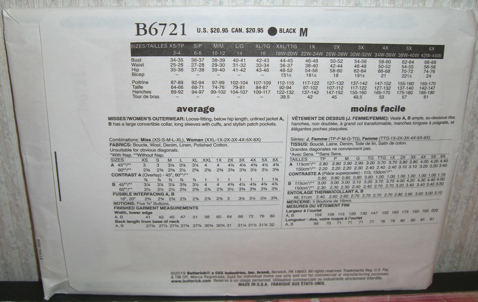 Unlined Jacket Plus Size Xxl 6x Sewing Pattern Butterick 6721 For Sale Online Ebay