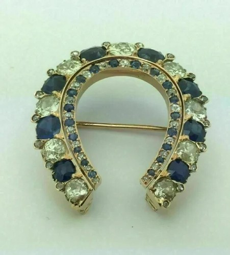 Broche redondo para mujer de zafiro creado en laboratorio de 2 quilates enchapado en oro amarillo de 14 k - Imagen 3 de 7
