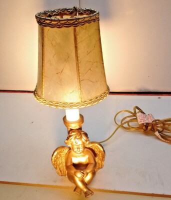 Resin Cherub Electric Golden Baby Angel Candelabra Lamp Shade Night Light 