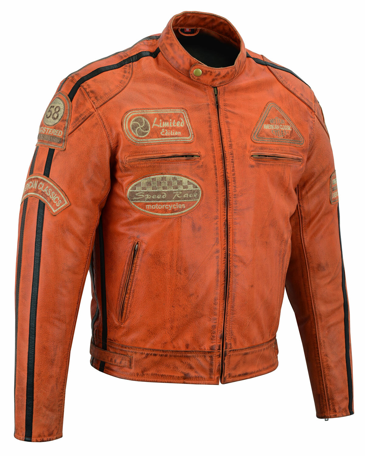 Giacca Moto Pelle Scooter Cafe Racer,Naked de Uomo Vintage Orange