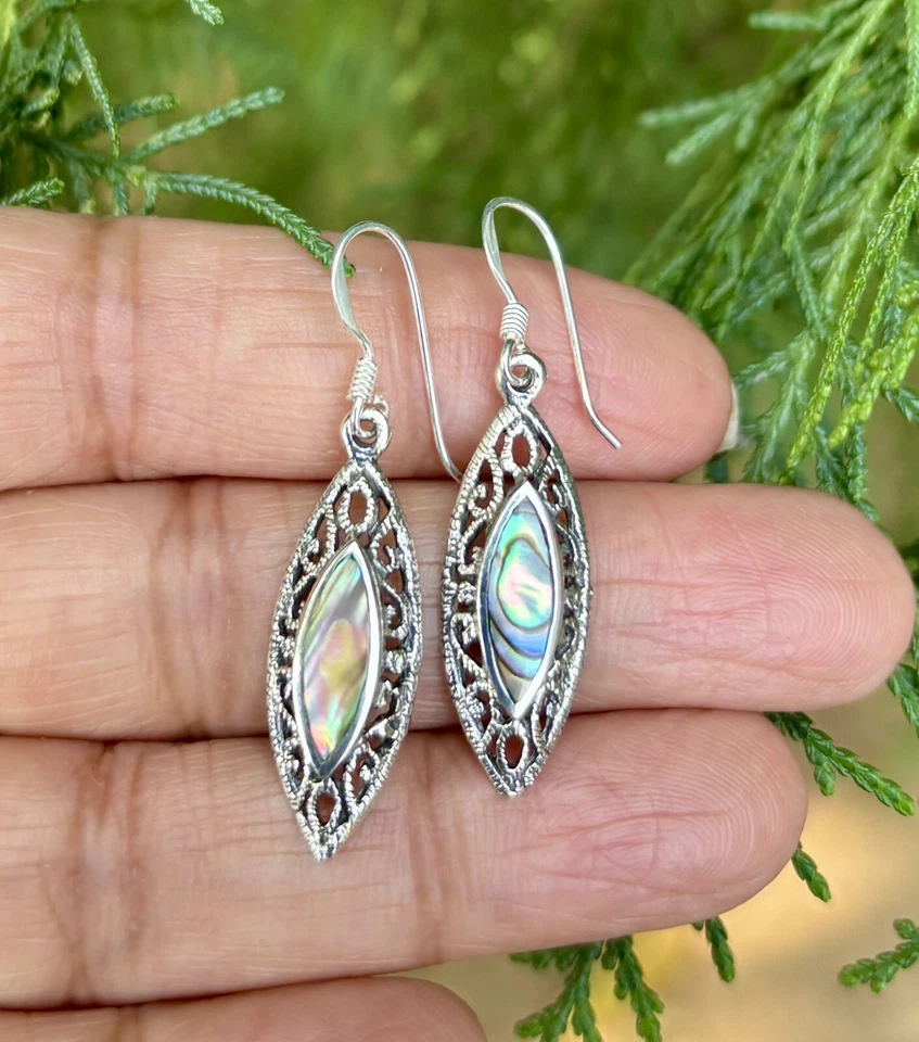 925 Sterling Silver + Mother of Pearl Handmade Oxidized Cutwork Earrings 3.26 gm - Image 3 of 4