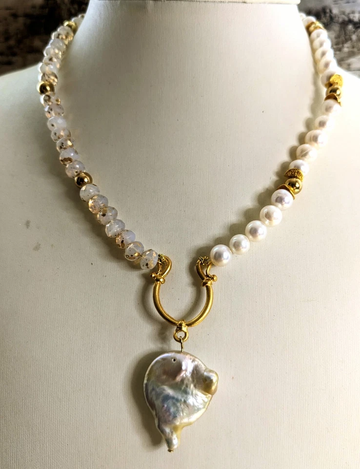 White Opal W/ Gold Specks Beads & Natural Pearls W/ Pearl Pendant Necklace