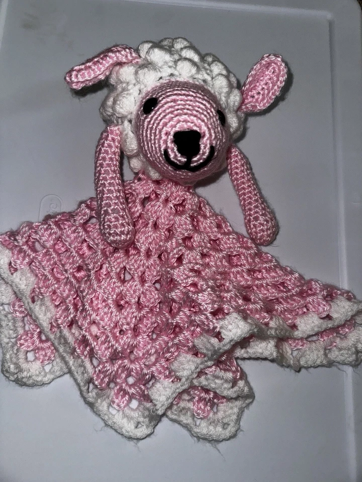 Manta de seguridad hecha a mano Baby Lovey Poodle rosa y blanco ganchillo ÚNICA EN SU CLASE Foto 2 de 2