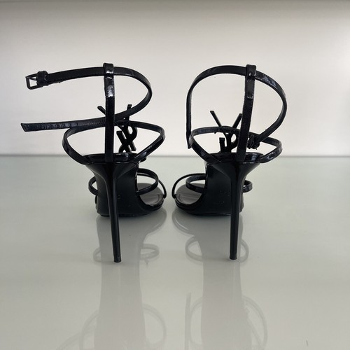 SAINT LAURENT "Cassandra" YSL monogram patent leather stiletto sandals 35.5EU - Picture 3 of 7