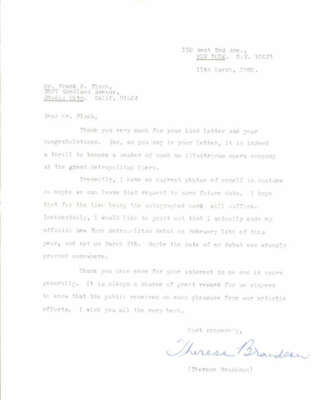 Therese Brandson Opera Singer Metropolitan Opera Signed Typed Letter