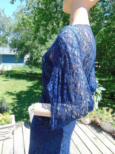VTG 1930S BLUE ALENCON LACE DRESS WITH DECO STITCHING MED TO LG - Picture 6 of 12
