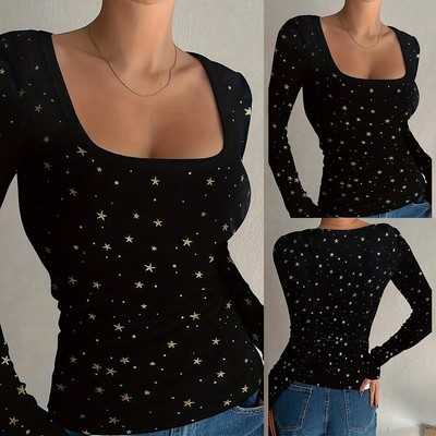 Sexy Damen Stern Langarm Tunika Freizeit Blusehemd Slim Fit Oberteile Party Tops
