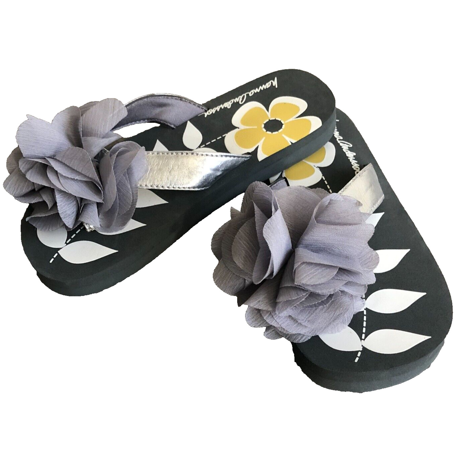 Hanna Andersson Gray Floral Bow Thong Flip Flops Girls 11 12 NWOT