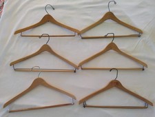 6 Vintage Wooden Hangers Unbranded w/Trouser Rod Beige  Tan